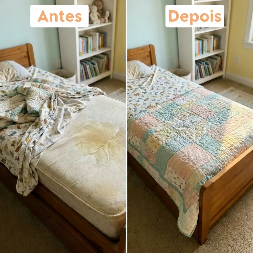 Comparação antes e depois: à esquerda, o colchão manchado com a roupa de cama puxada para o lado; à direita, a mesma cama arrumada com a colcha de retalhos