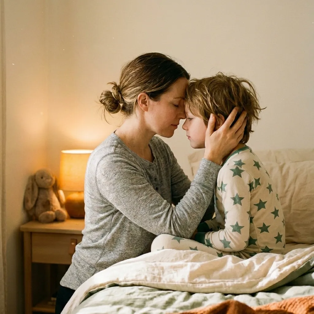Mãe acolhendo o filho sentado na cama, testa com testa